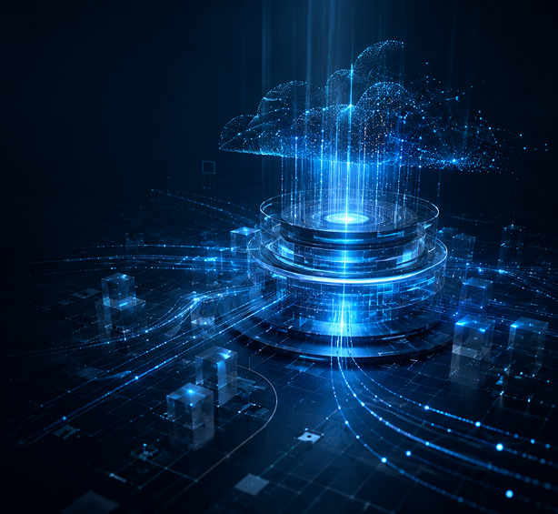 Glowing blue data core beneath a particle cloud, with data streams radiating across a digital city